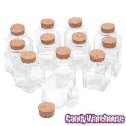 Mini Glass Favor Jars - 1.75-Ounce Square Jar With Cork Stopper: 12-Piece Set -Sweet Candy Planet mini glass favor jars 1 75 ounce square jar with cork stopper 12 piece set candy warehouse 4